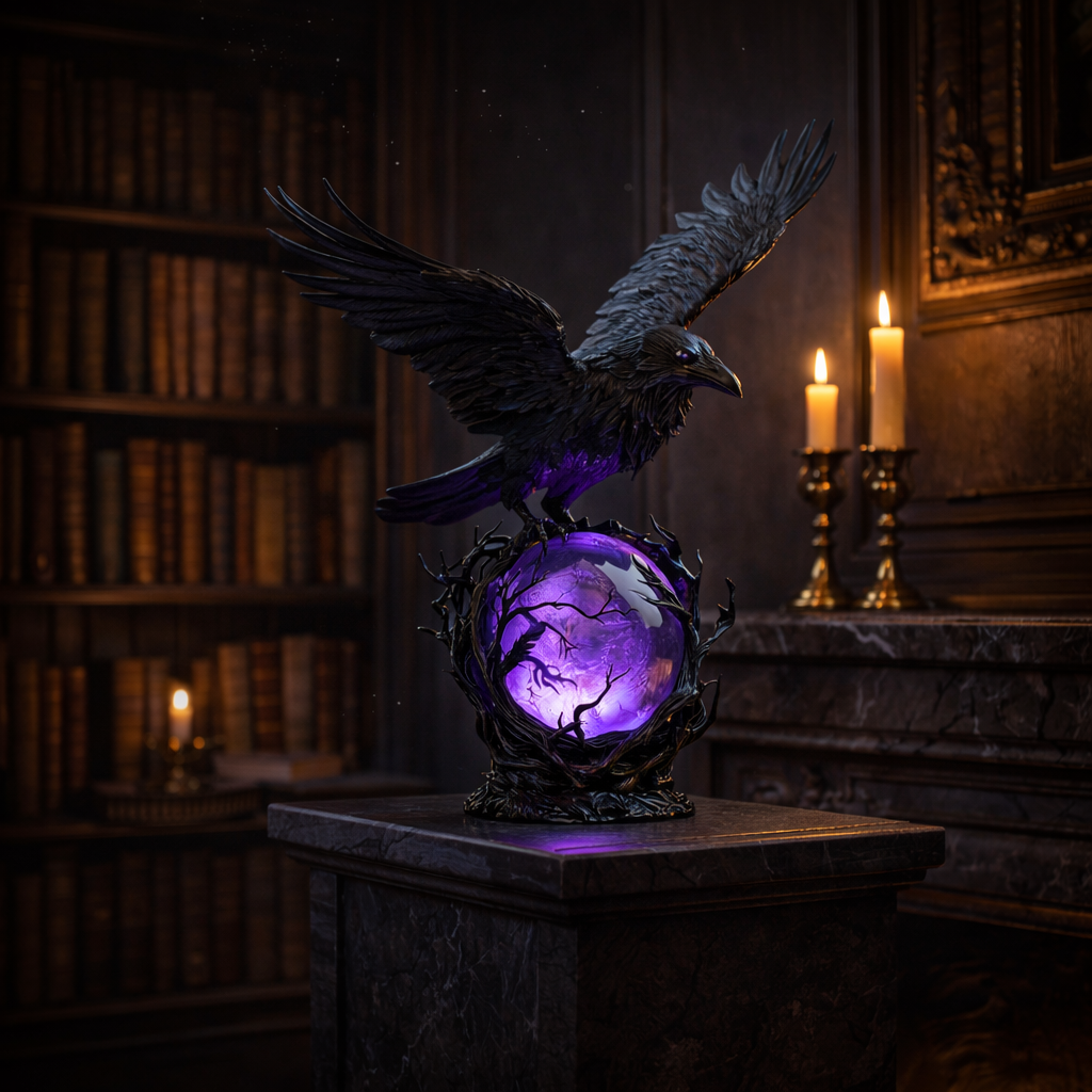 Gothic Raven Table Lamp – Intricate Design with Enchanting Purple Glow 4
