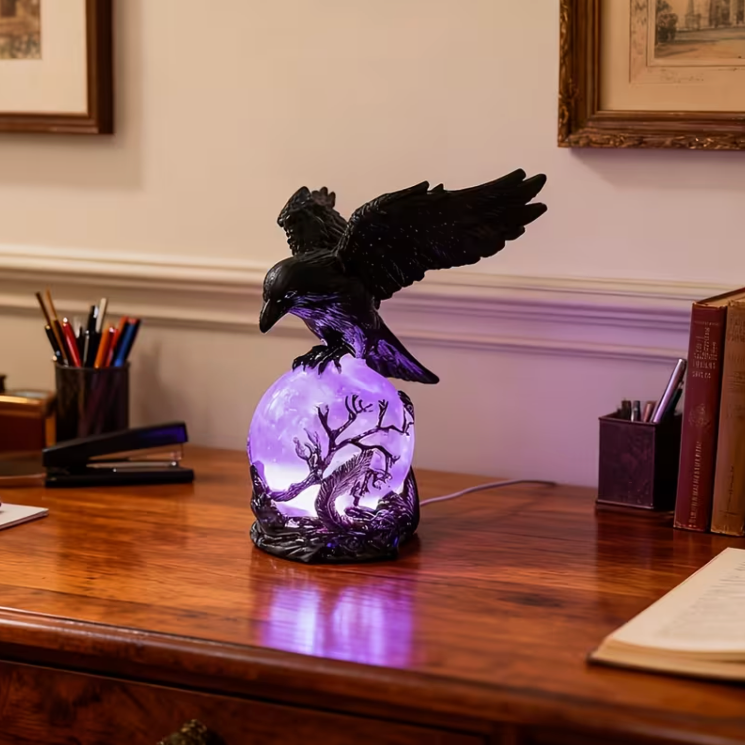 Gothic Raven Table Lamp – Intricate Design with Enchanting Purple Glow 6