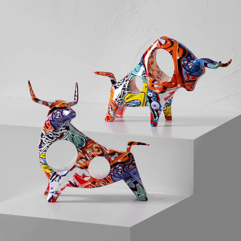 Pair of vibrant street art bull statues on tiered display