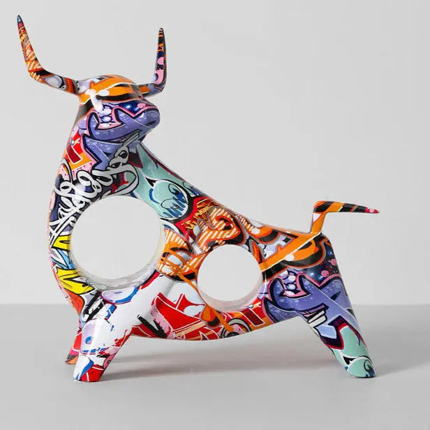 Modern hollow bull sculpture with dual cutouts and abstract paint design