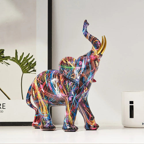 Graffiti Elephant Statue | Trunk Up Gold Tusks Colorful Abstract Style