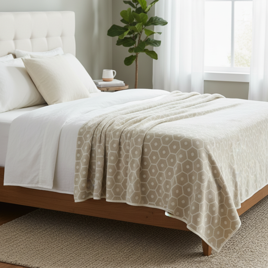 HONEY Reversible Cotton-Wool Blanket – 90x180cm Sand Honeycomb Textured Throw