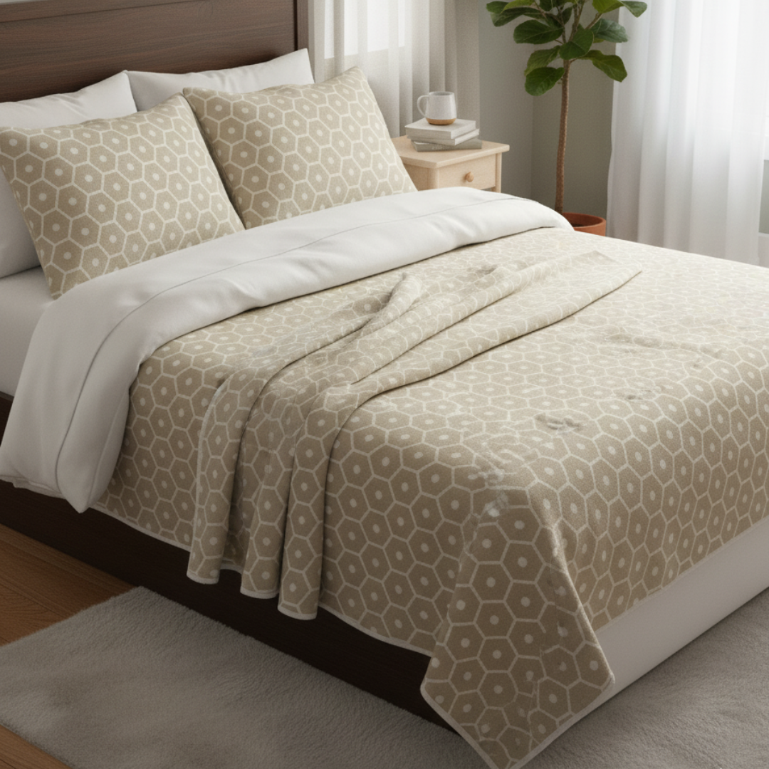 HONEY Reversible Cotton-Wool Blanket – 90x180cm Sand Honeycomb Textured Throw