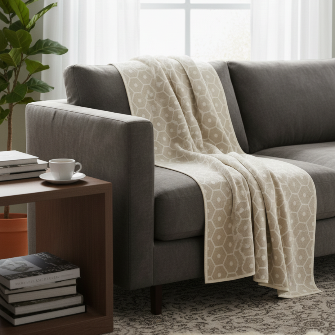 HONEY Reversible Cotton-Wool Blanket – 90x180cm Sand Honeycomb Textured Throw