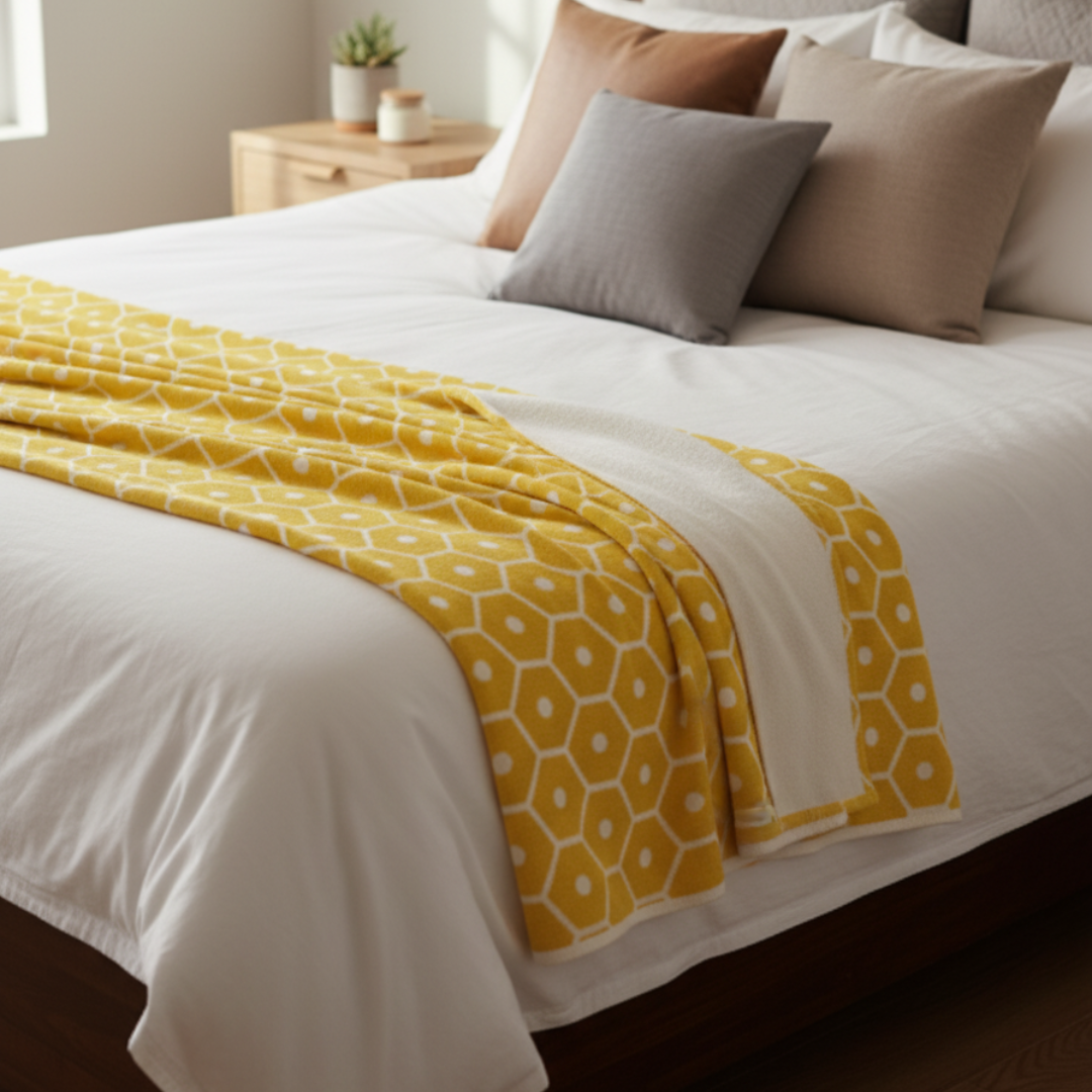 HONEY Reversible Hexagon Knit Blanket - Lemon & Cream Cotton-Wool Blend - Velvet-Soft Geometric Throw by Pappelina