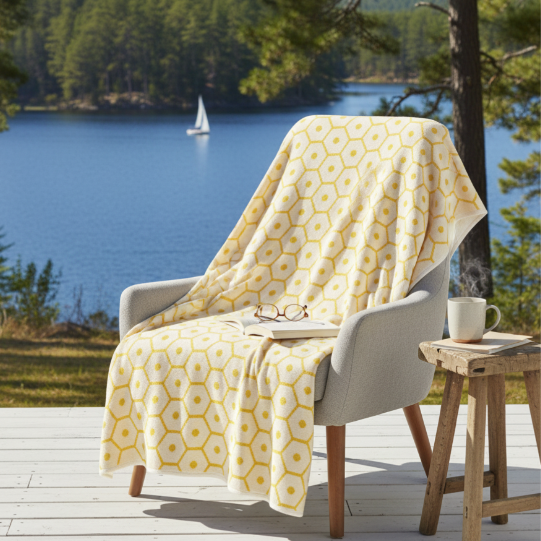 HONEY Reversible Hexagon Knit Blanket - Lemon & Cream Cotton-Wool Blend - Velvet-Soft Geometric Throw by Pappelina