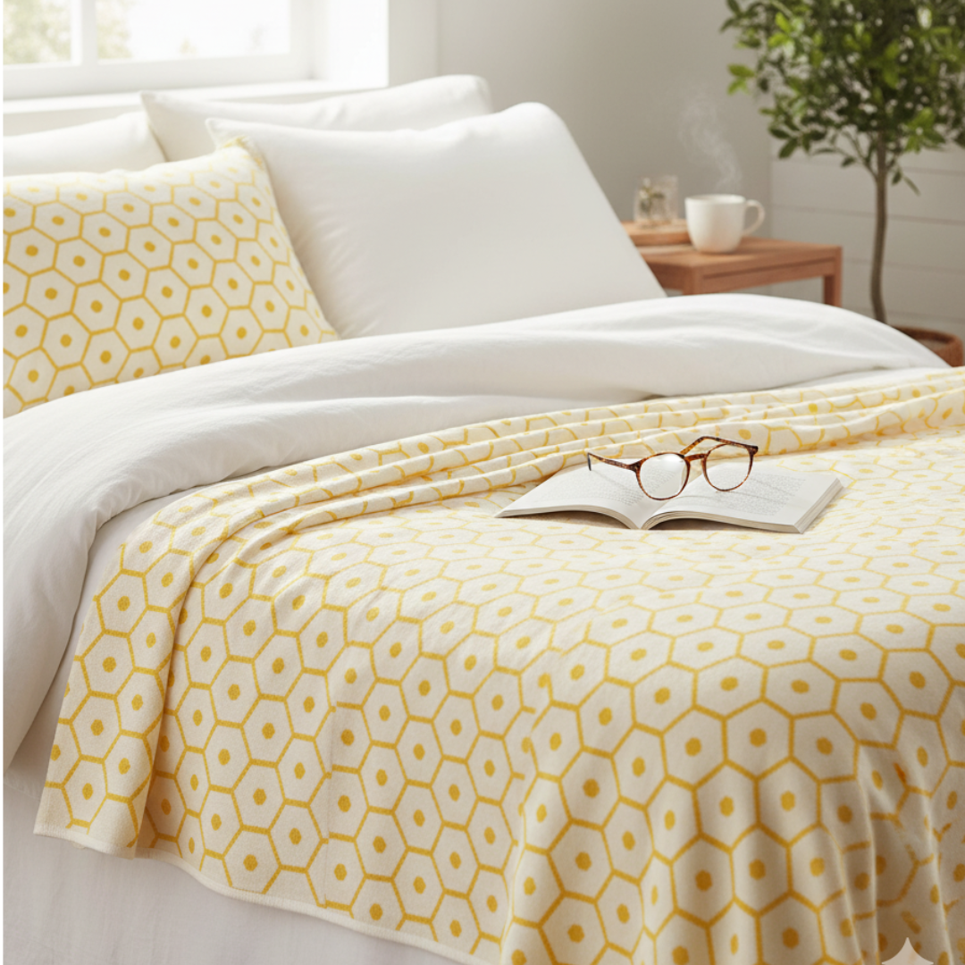 HONEY Reversible Hexagon Knit Blanket - Lemon & Cream Cotton-Wool Blend - Velvet-Soft Geometric Throw by Pappelina