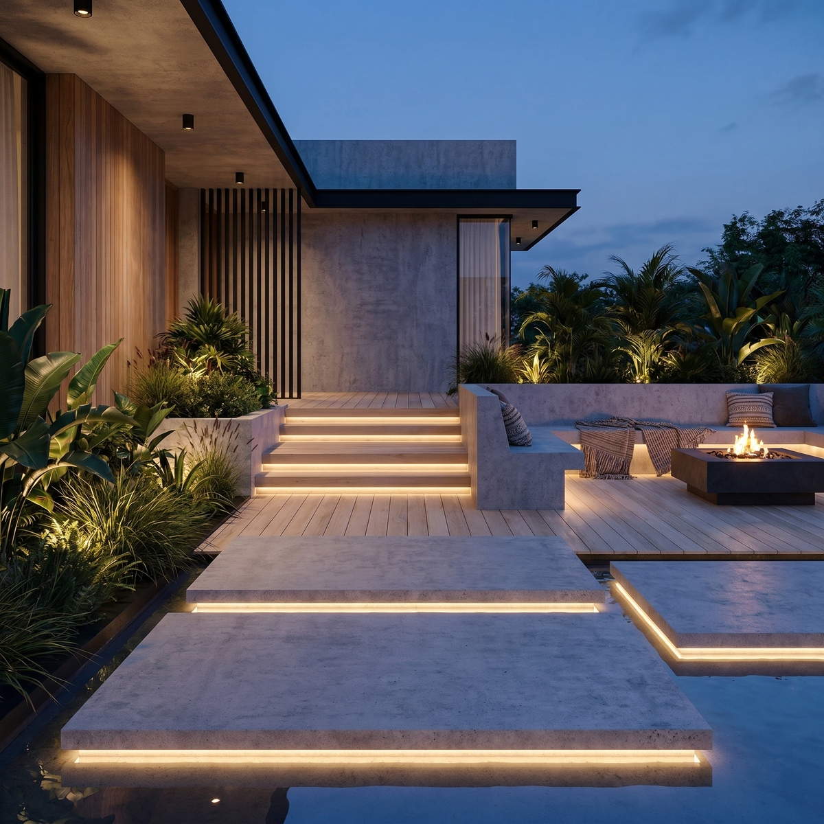 Low profile outdoor LED step lighting on floating concrete slabs and built-in bench