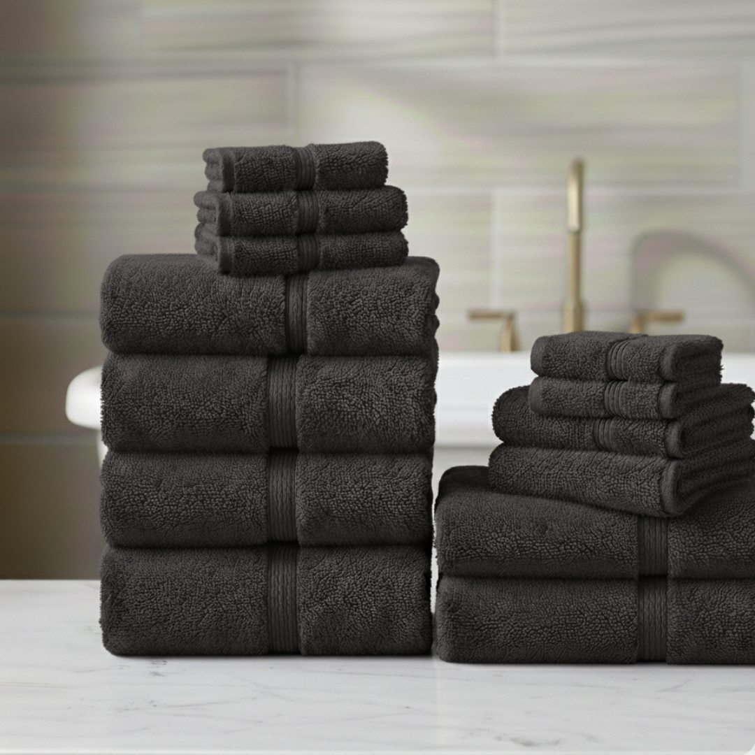 Heavyweight 12-Piece Cotton Spa Bundle – Black Luxury Hotel Quality Towel Set