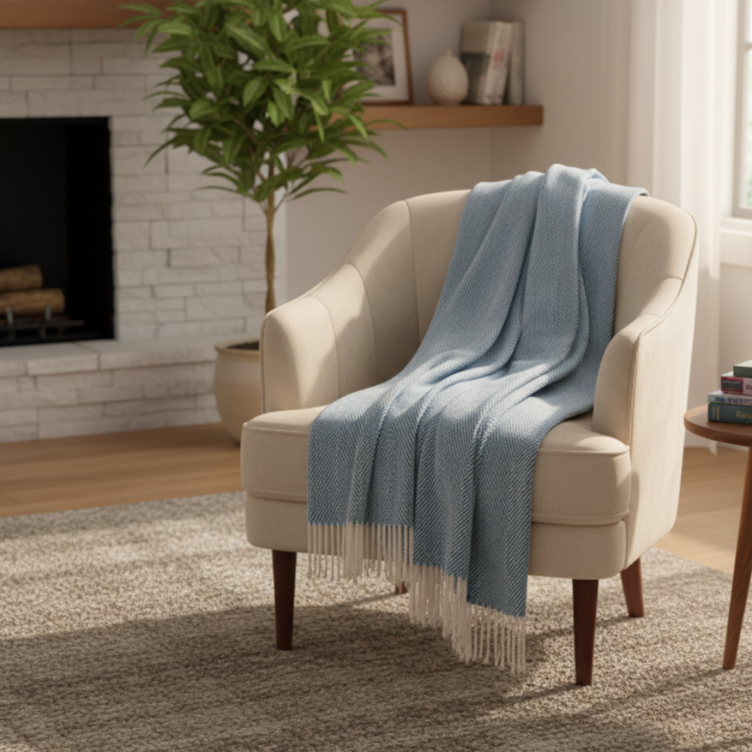 Herringbone Throw Blanket - Light Blue & White Woven Knit with Tassels