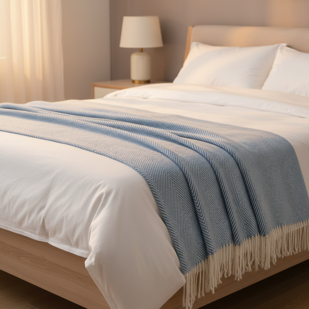Herringbone Throw Blanket - Light Blue & White Woven Knit with Tassels