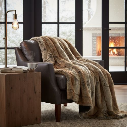 High-Pile Shaggy Faux Fur Blanket - Luxury Multi-Tonal Synthetic Fur Throw - Mixed Brown Tones