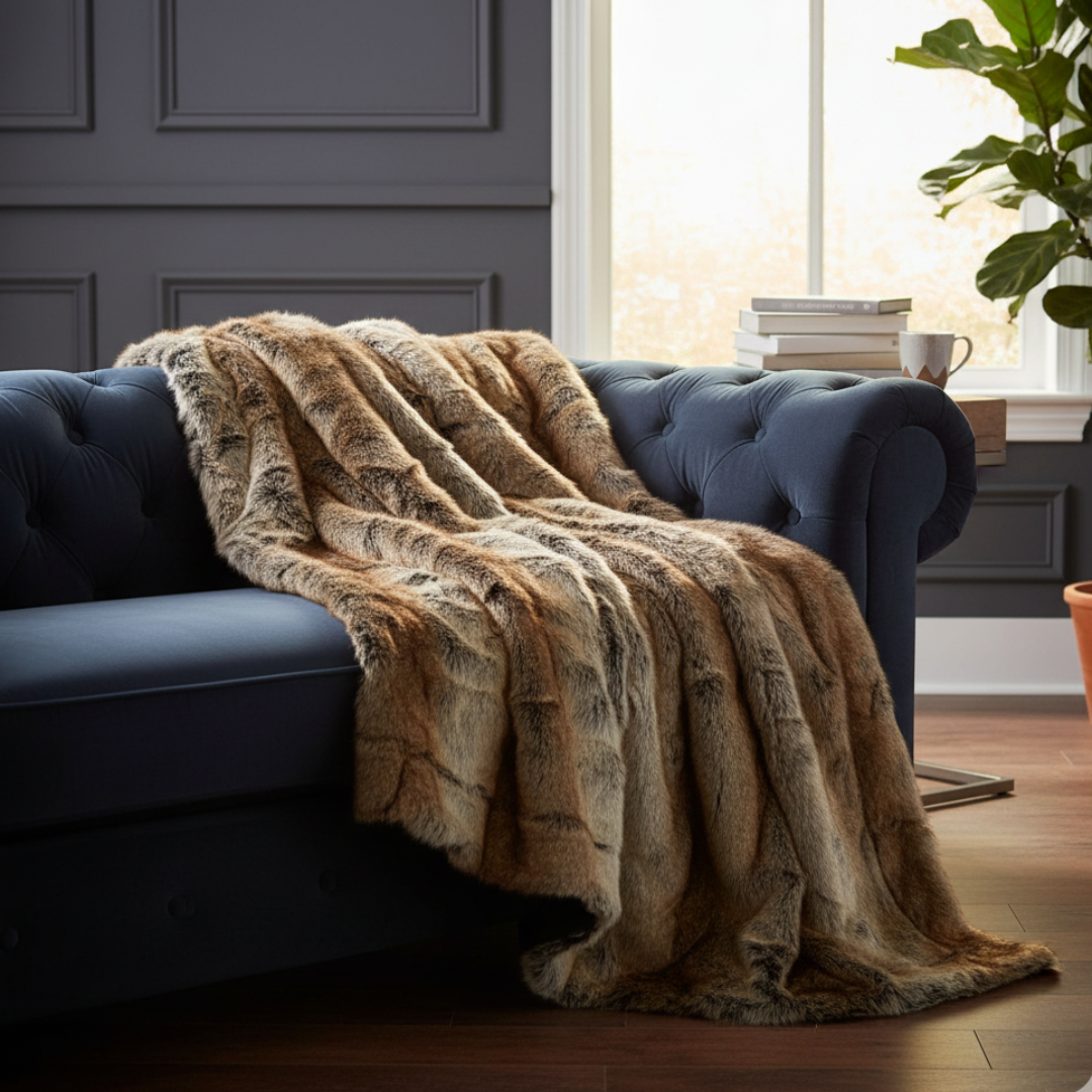 High-Pile Shaggy Faux Fur Blanket - Luxury Multi-Tonal Synthetic Fur Throw - Mixed Brown Tones