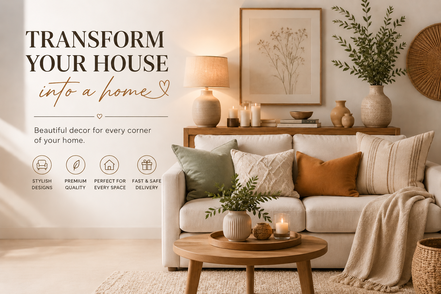 Home page Desktop, living room with decor elements and text promoting home transformation.
