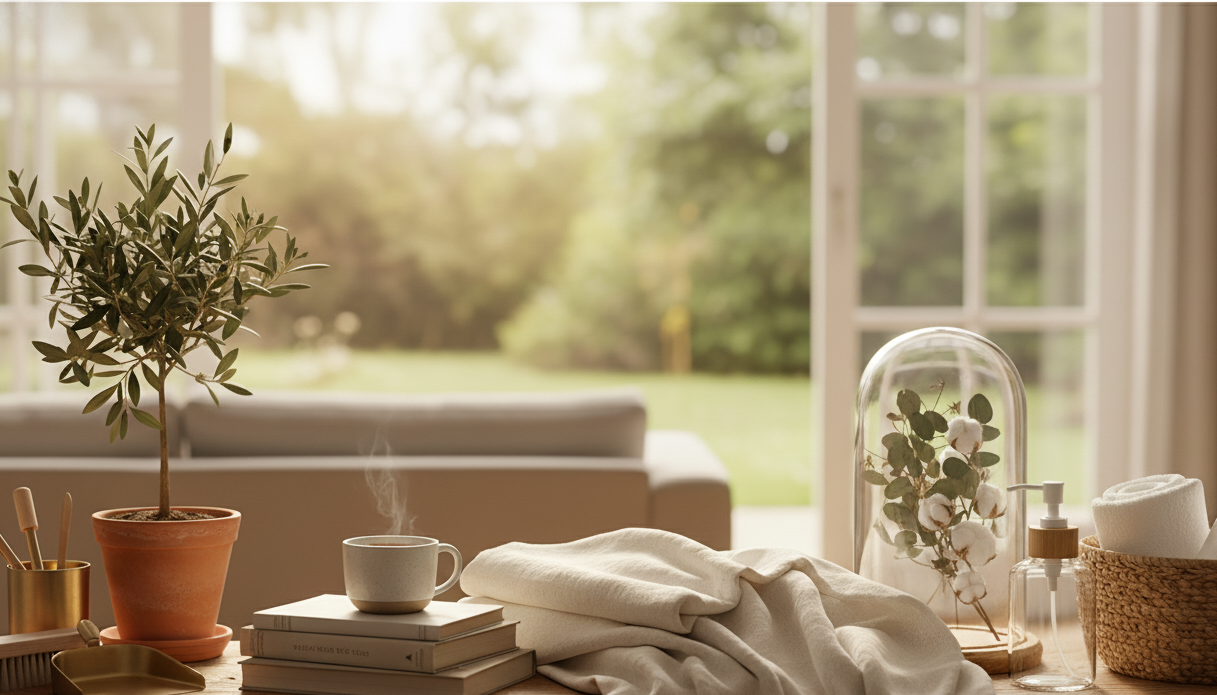 Cozy living room with a table, books, mug, plant, and decorative items.