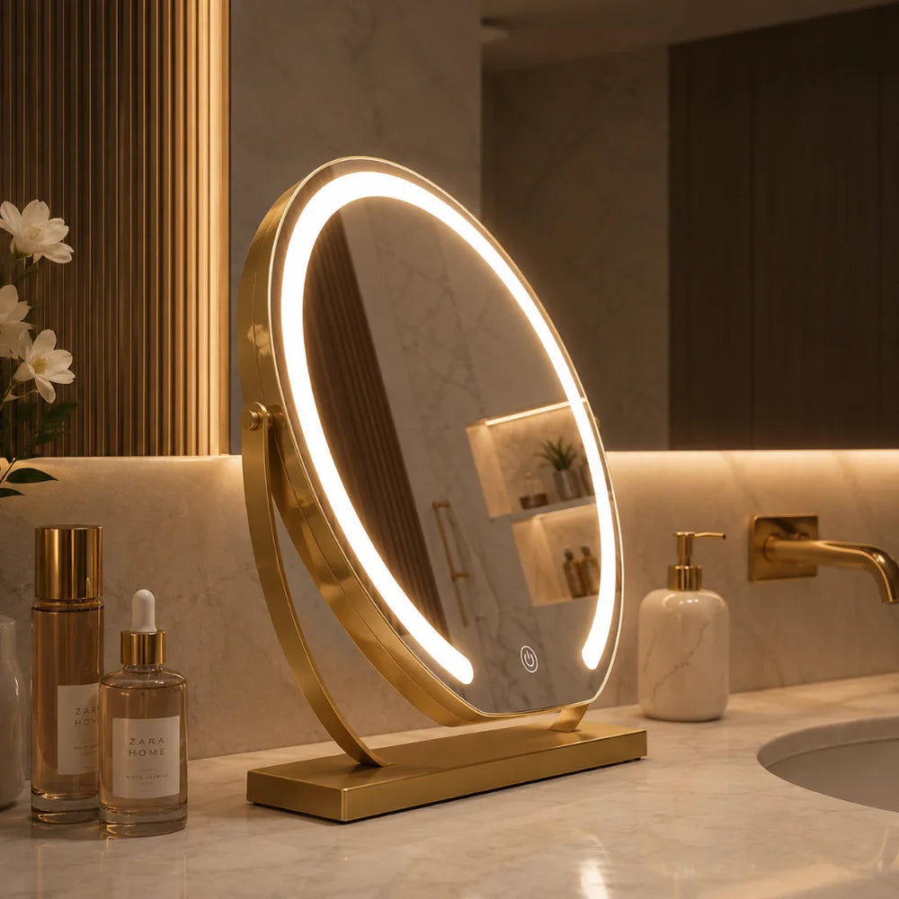 Brushed gold LED vanity mirror with touch control on marble