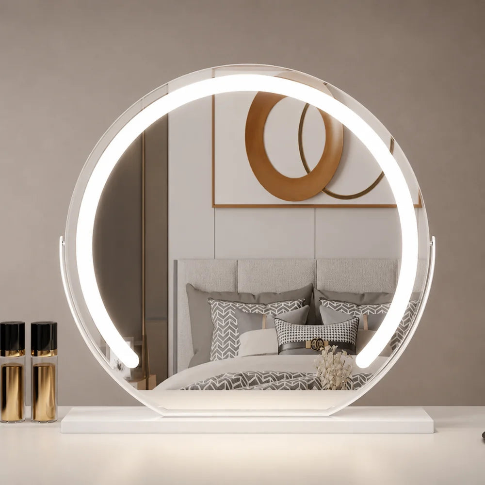 White LED makeup mirror with dimmable ring light on vanity