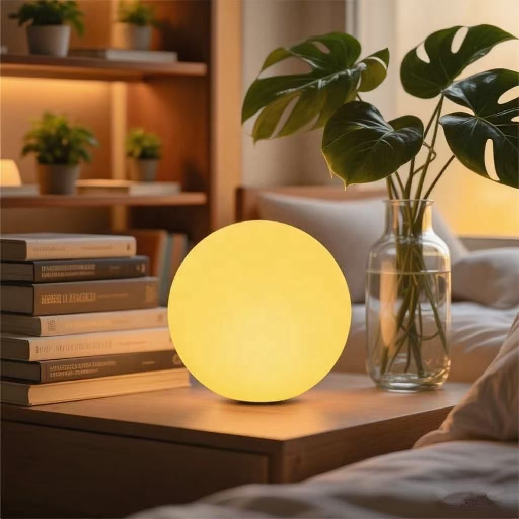 frosted spherical moon lamp warm yellow light with monstera plant decor
