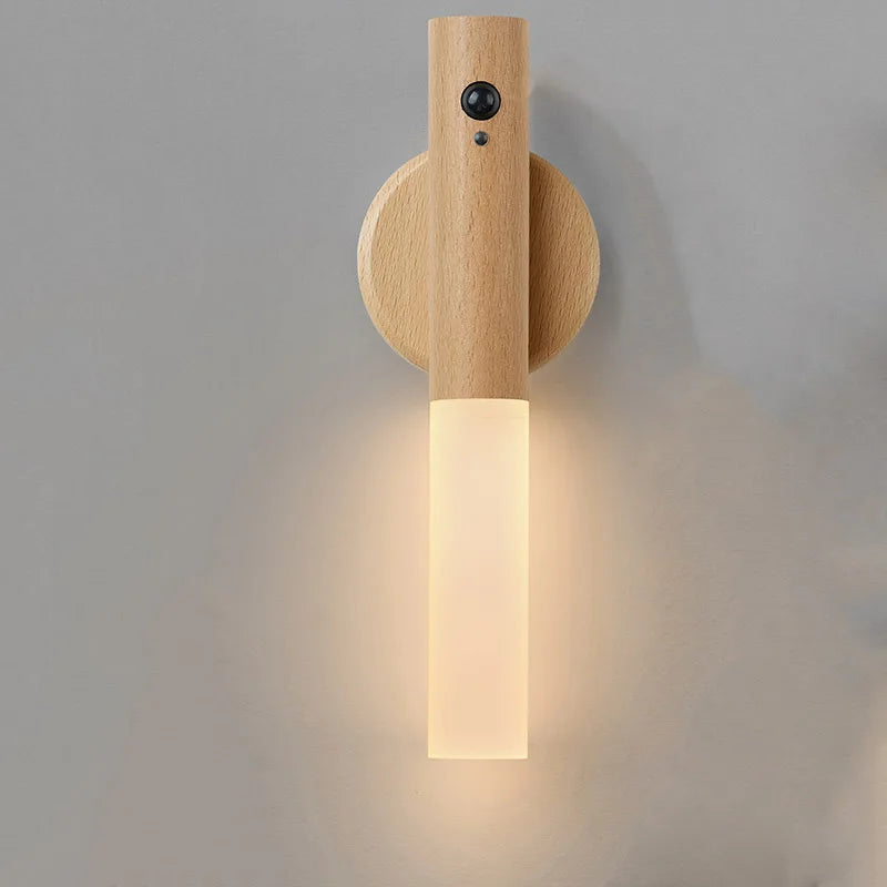 Natural grain wood finish rechargeable lamp with frosted white diffuser detail