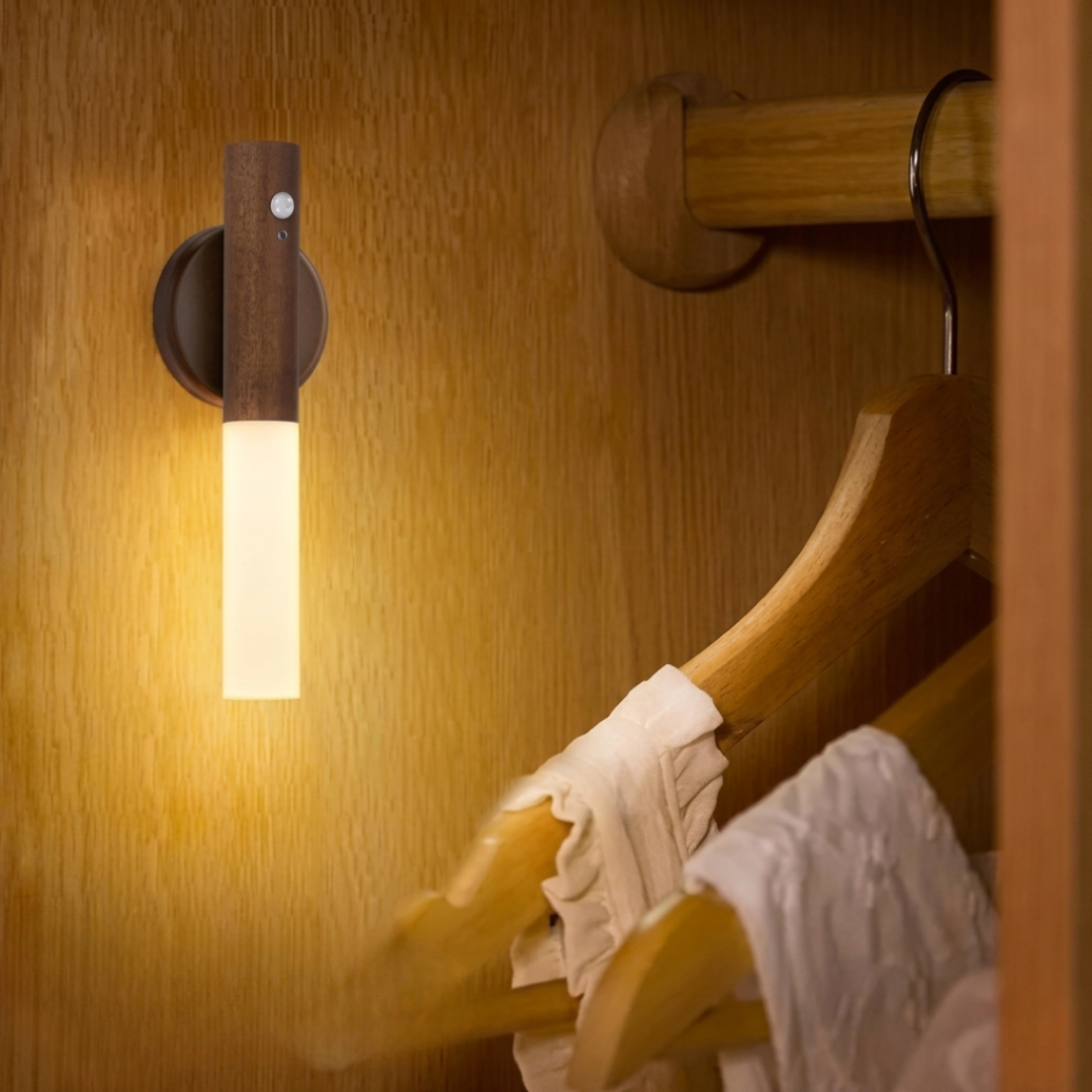 Wood-textured LED closet light with adjustable color temperature and magnetic mount