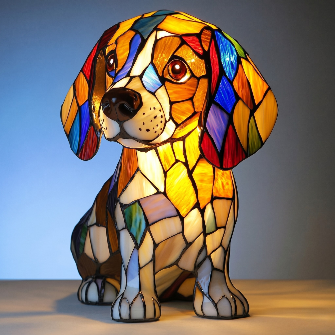 Seated Beagle stained glass lamp with colorful geometric panels and soft illumination