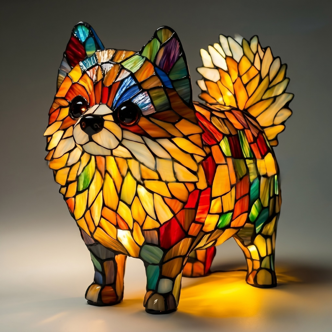 Pomeranian stained glass LED lamp with fluffy tail and multicolor mosaic
