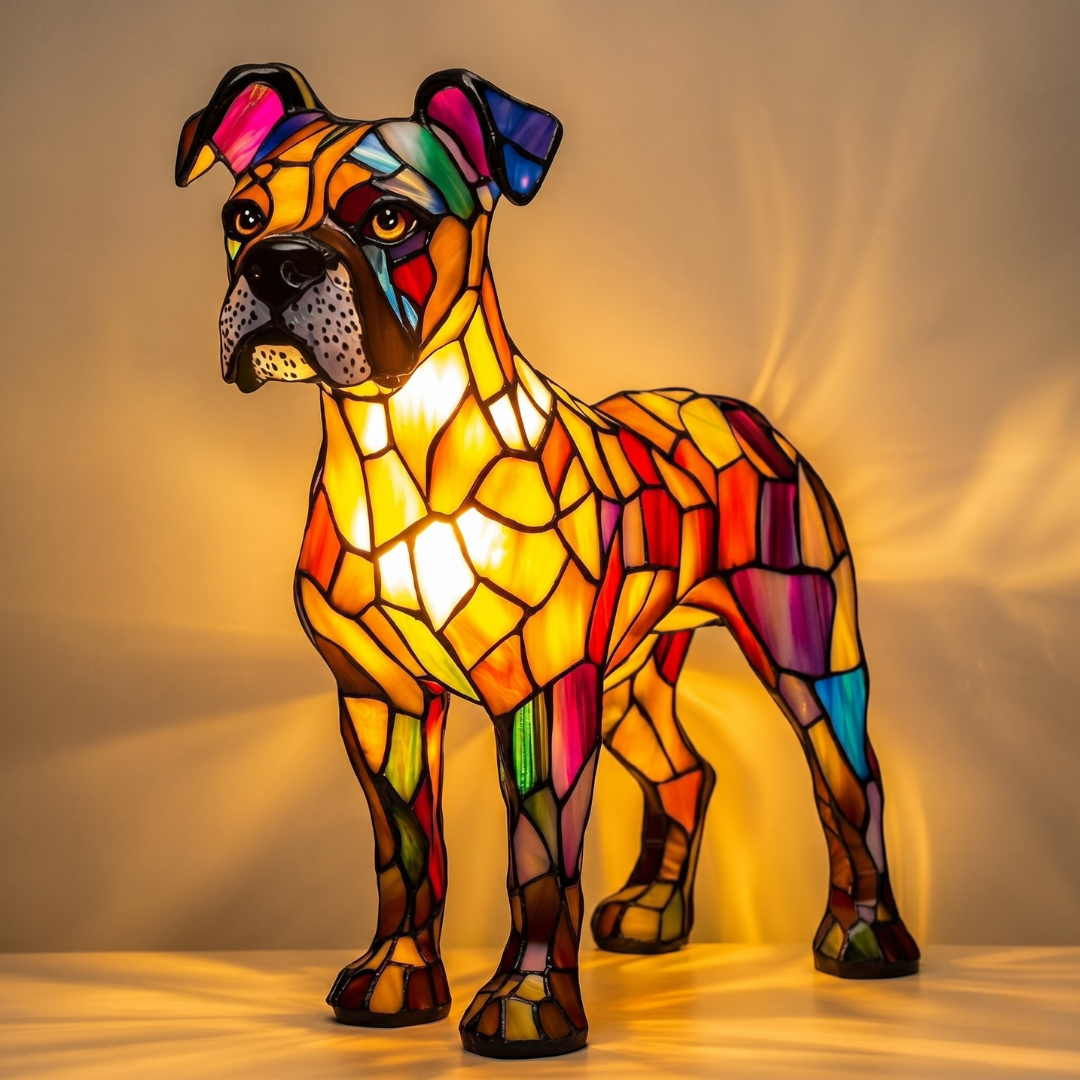 Boxer dog stained glass LED night light with geometric colorful mosaic