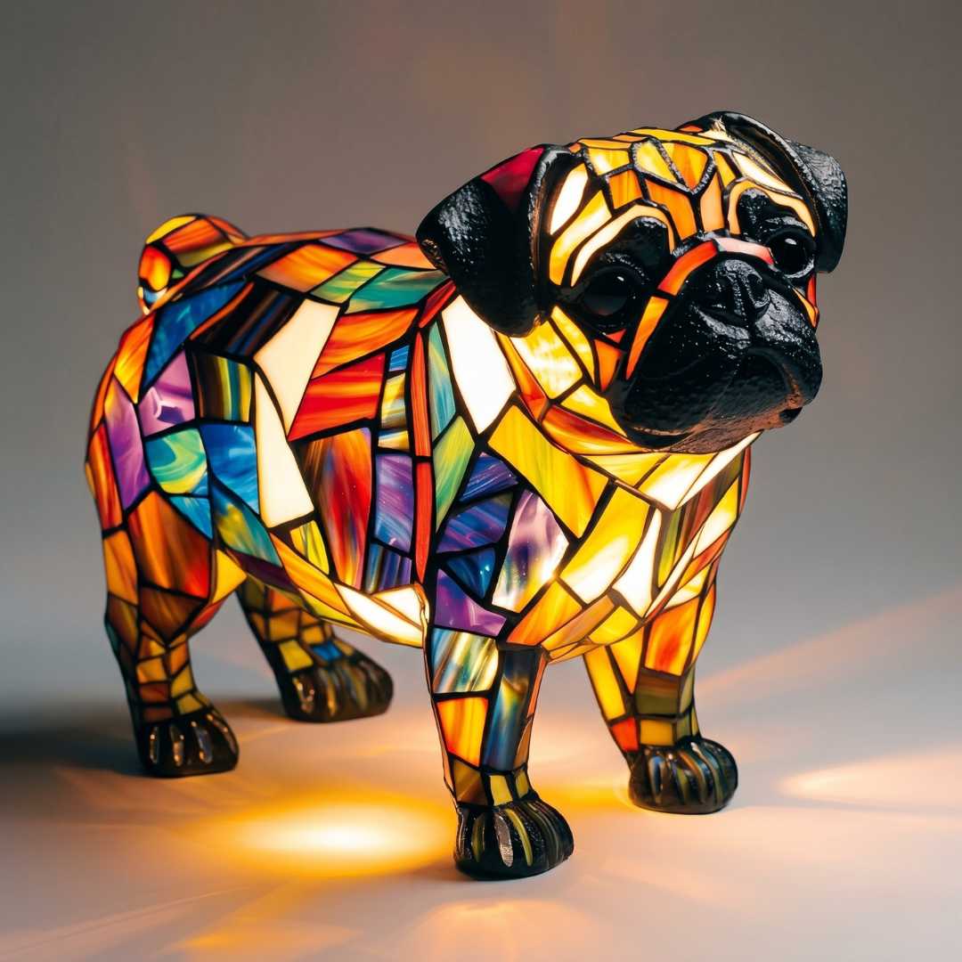 Colorful Pug stained glass lamp with warm yellow-orange LED glow