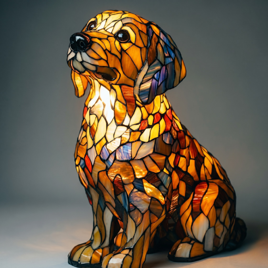 Golden Retriever stained glass LED night light with amber and gold mosaic glow