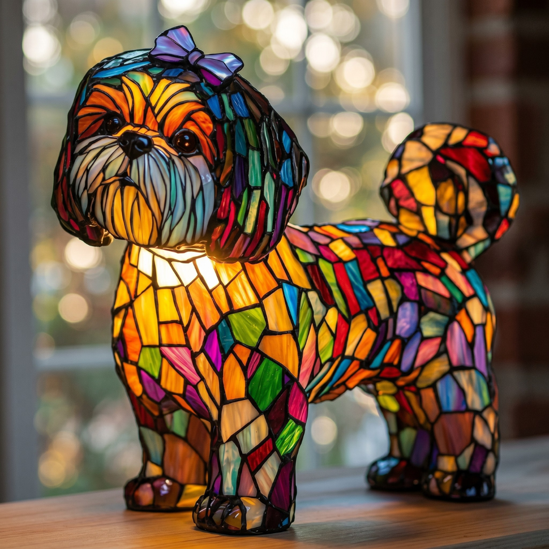 Shih Tzu stained glass night light with purple bow and warm LED glow