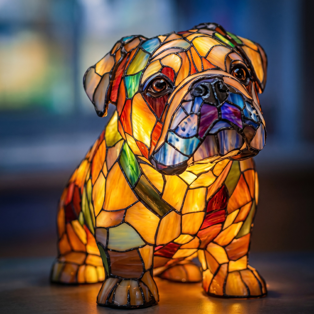 Bulldog stained glass night light featuring warm-toned mosaic glass design