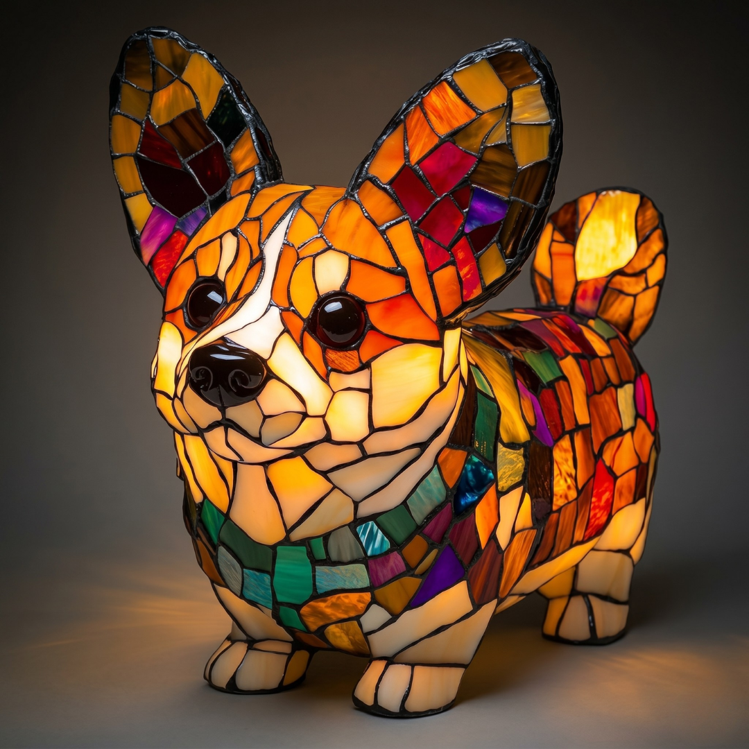 Standing Corgi LED night light featuring warm-toned stained glass mosaic design