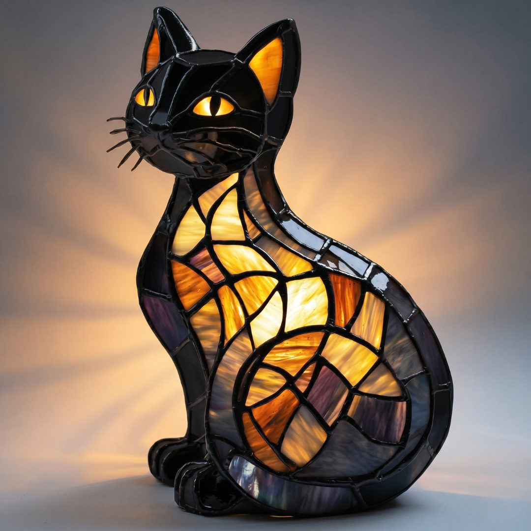 Cat LED night light with solid black head and flowing amber gold stained glass body