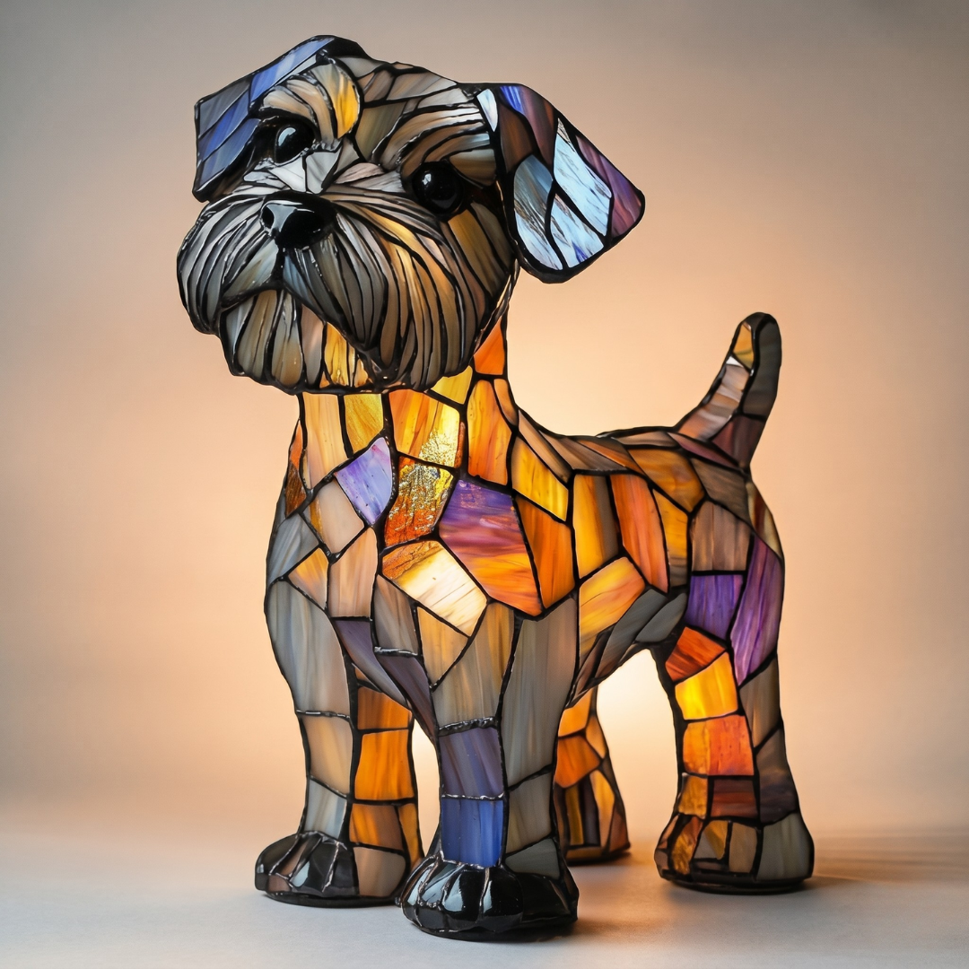 Schnauzer LED lamp with textured gray beard stained glass and amber tones