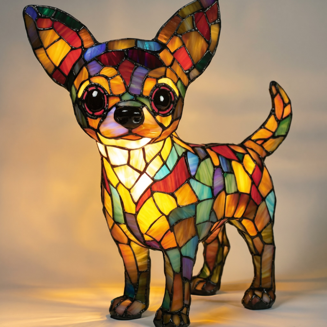 Stained glass Chihuahua LED night light with multicolor mosaic and warm glow