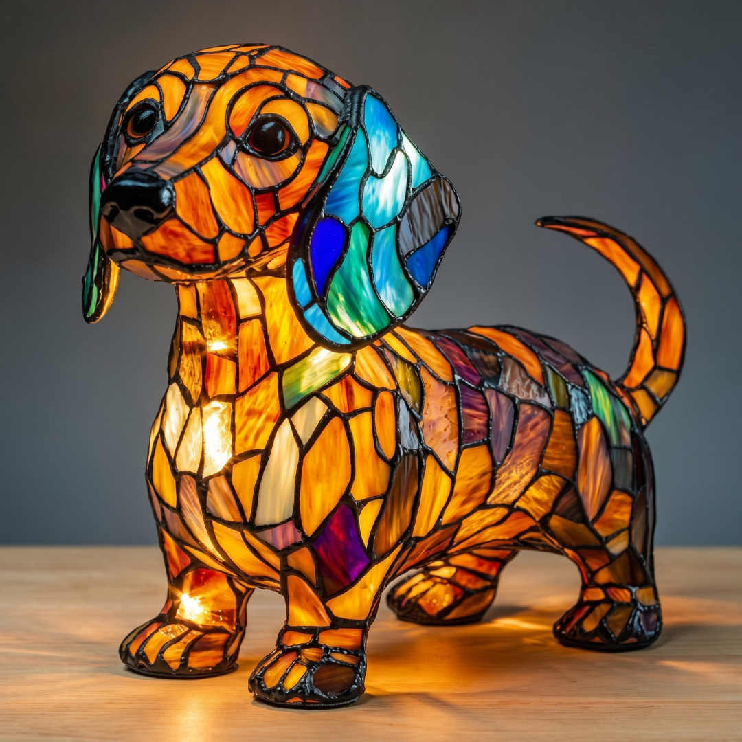 Dachshund stained glass night light in warm orange and yellow tones on wood