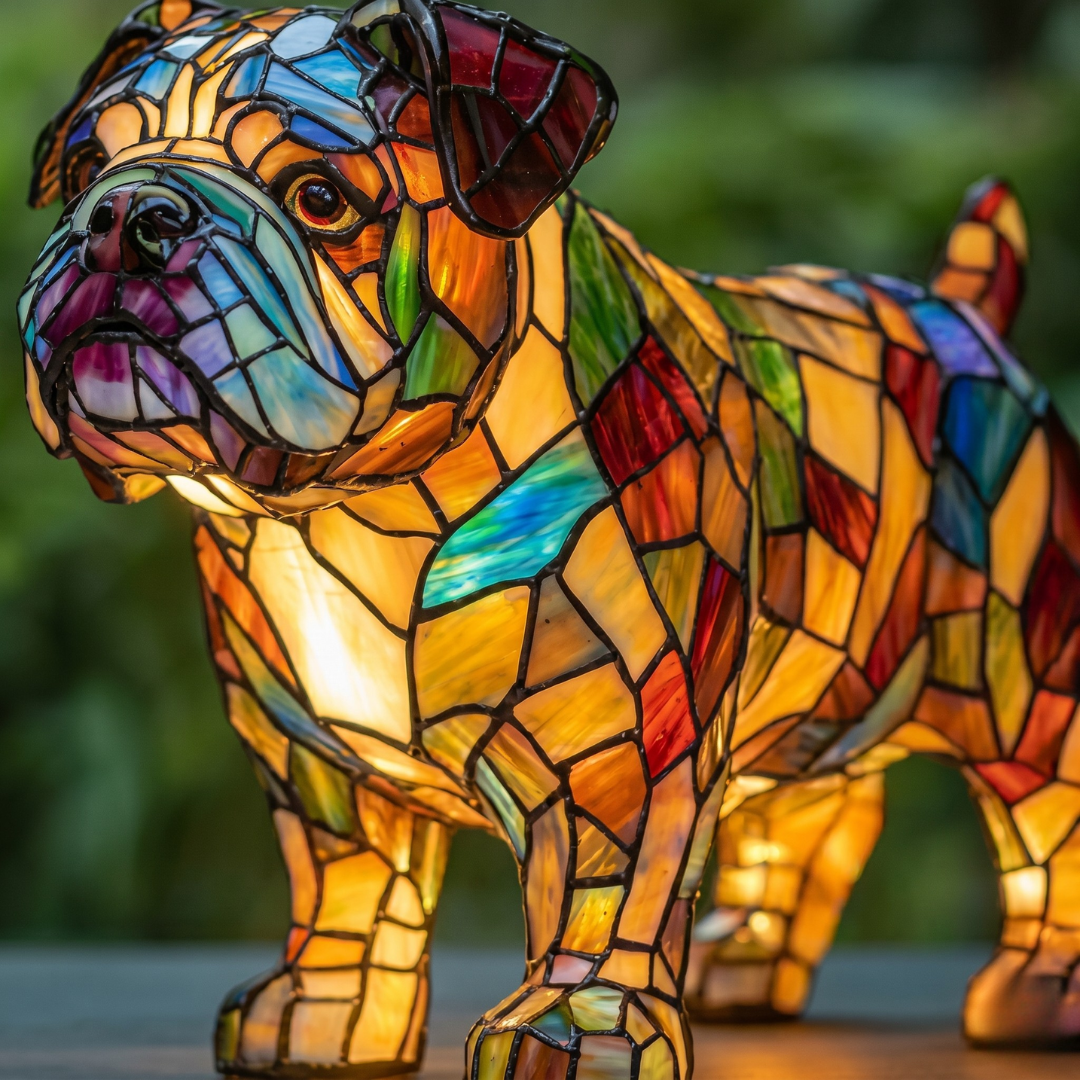 Bulldog LED night light with wrinkled face texture and multicolor stained glass