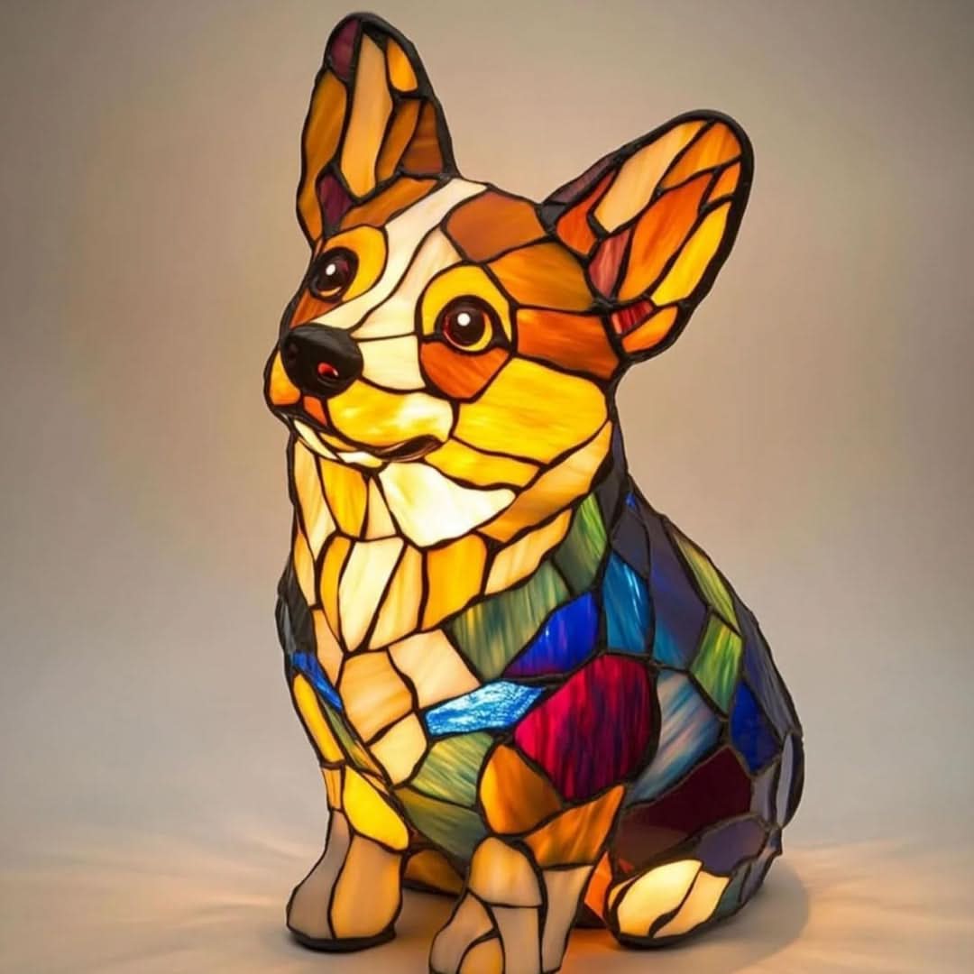 Layered color block Corgi stained glass night light with warm internal glow