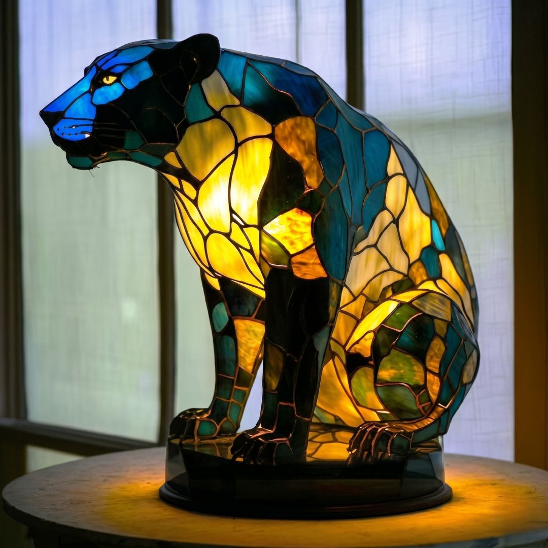 Stylized cat stained glass table lamp with blue and green mosaic pattern