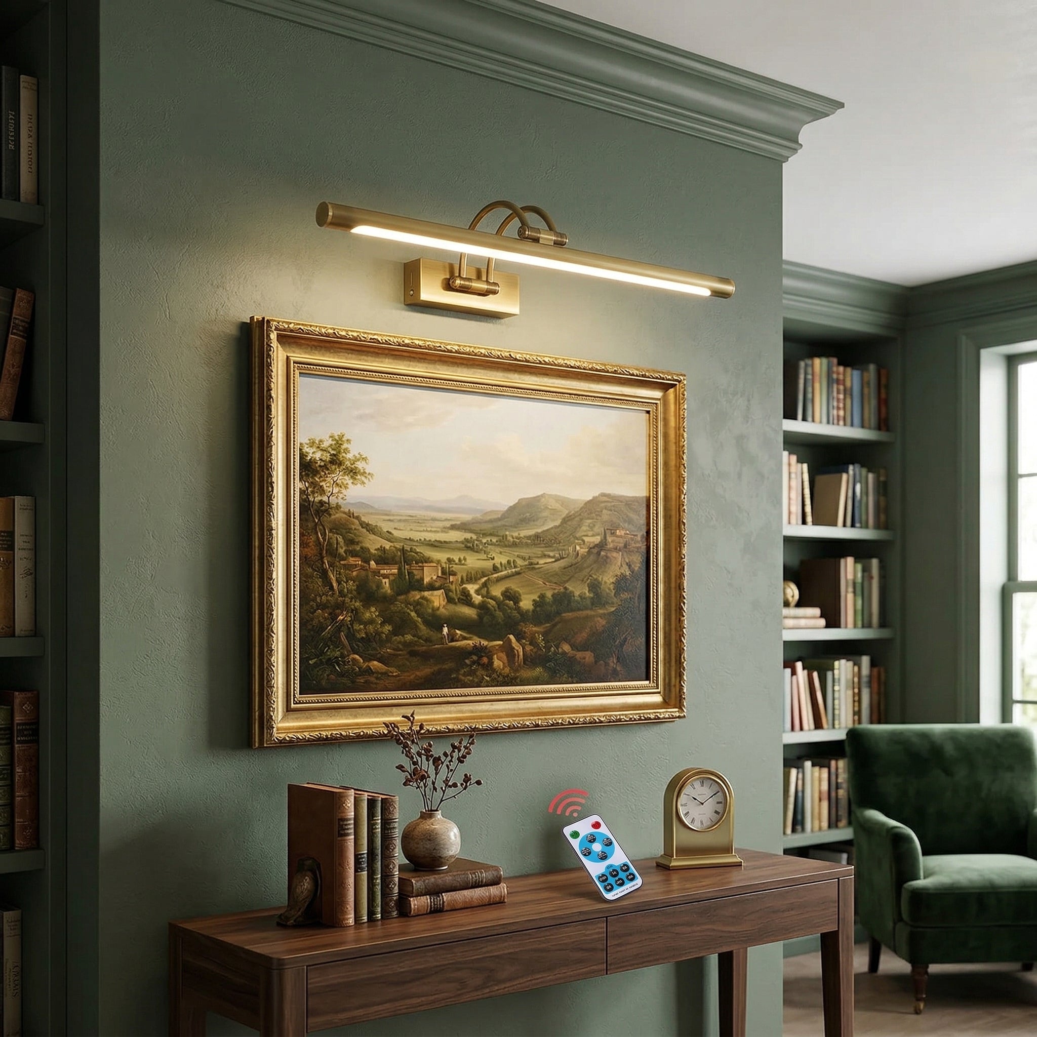 Wireless rechargeable brass picture light above landscape painting