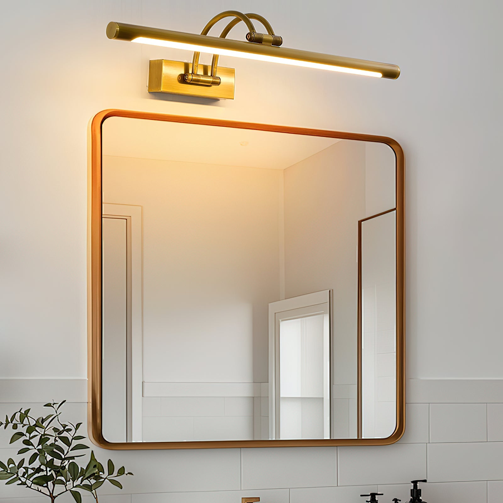 Modern brass LED wall sconce lighting square mirror in white bathroom
