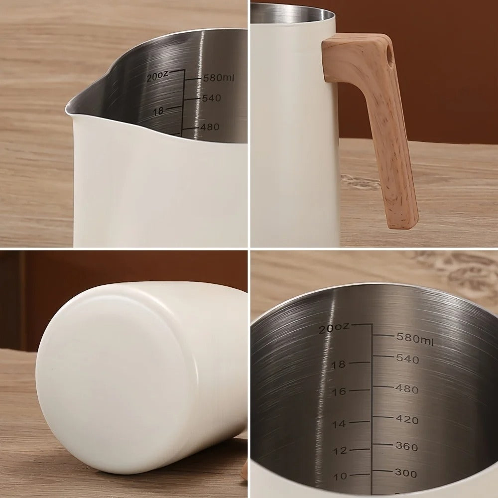 Close-up of white milk pitcher interior measurements, wood grain handle and rounded base detail