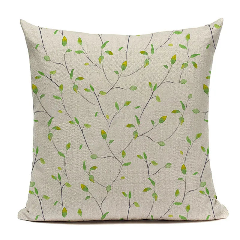 Delicate watercolor vine pattern pillow case with sparse green leaves