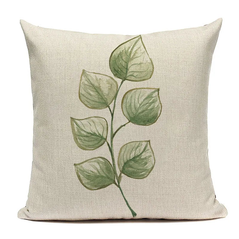 Single vertical stem botanical illustration pillow case with layered green leaves
