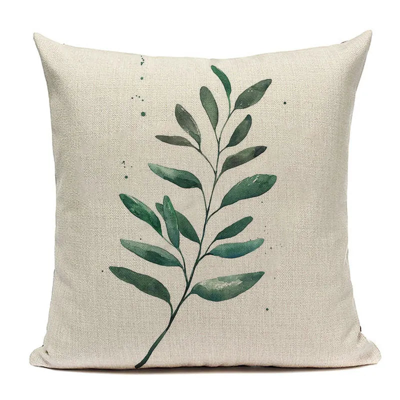 Upright branch watercolor design pillow case with elongated green leaves