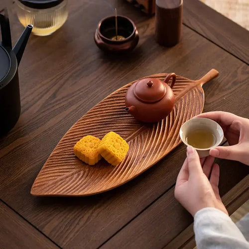 Leaf Shaped Serving Platter | Carved Vein Texture Natural Hardwood Tray