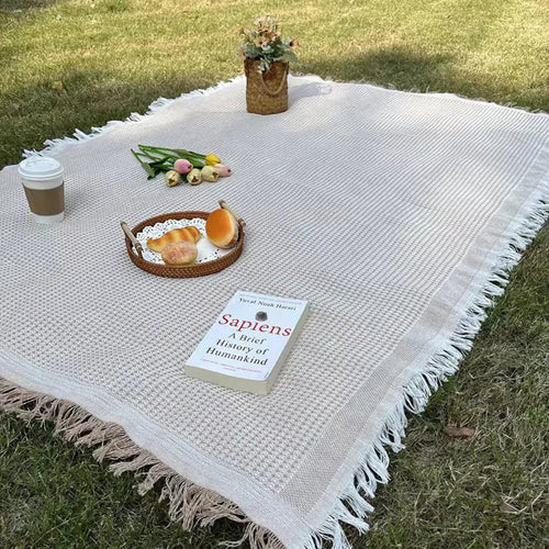 Lightweight Woven Picnic Blanket | Soft, Breathable Fabric with Boho Tassels
