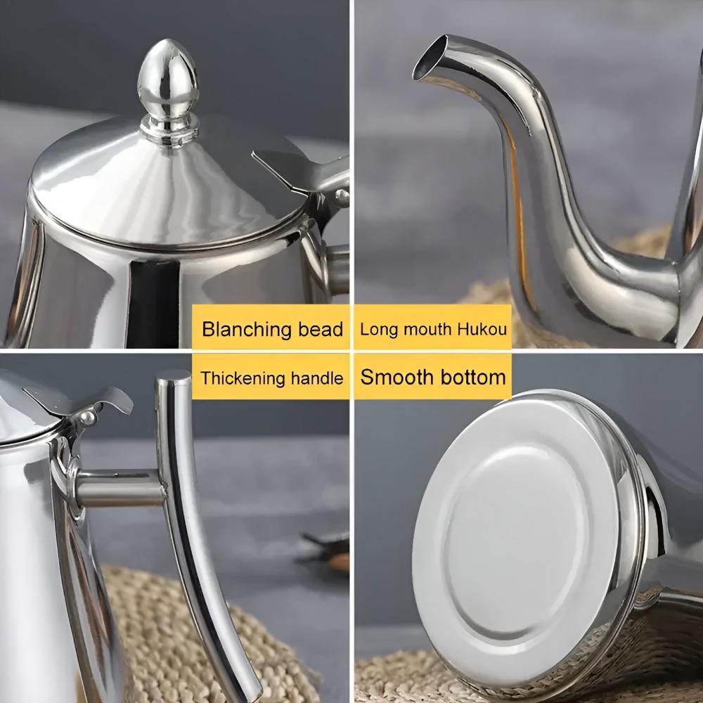 Close-up of stainless steel teapot features including Hukou spout, hinge handle, and flat bottom