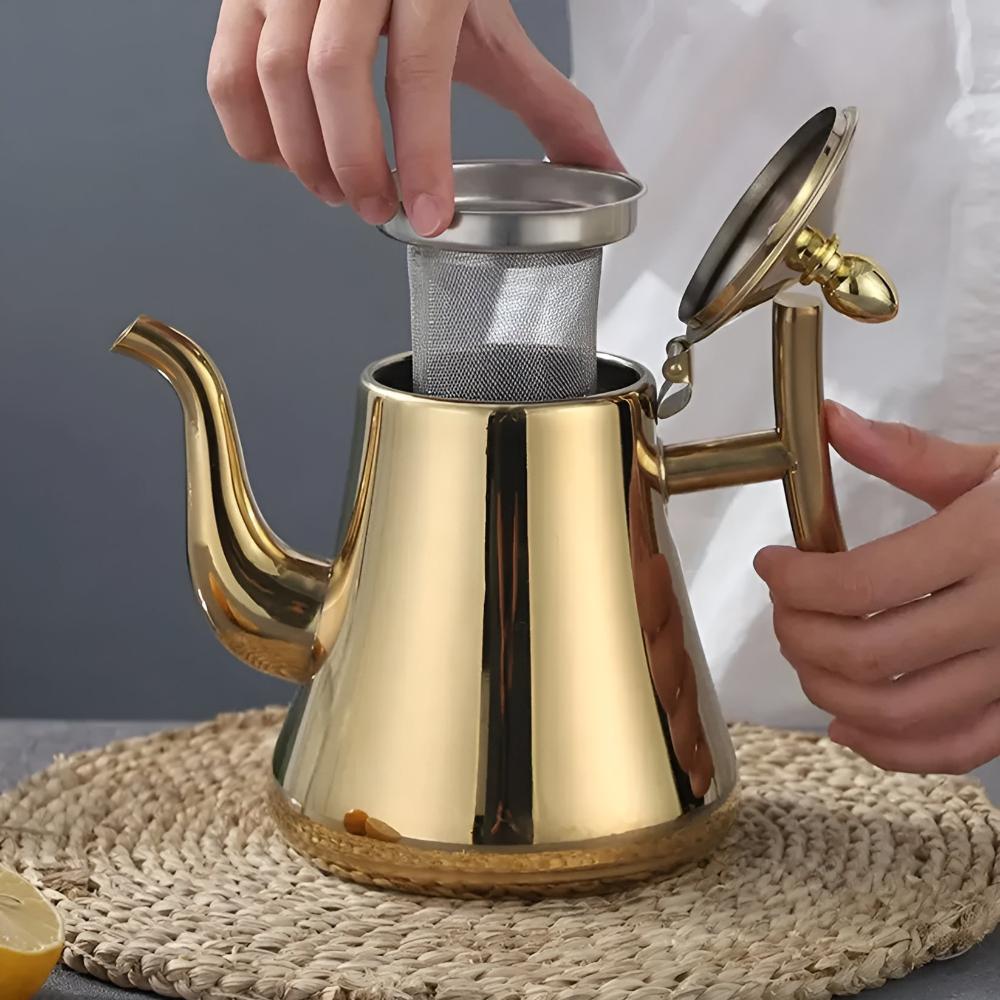 Gold stainless steel loose leaf tea kettle with built-in fine mesh filter and thickened handle