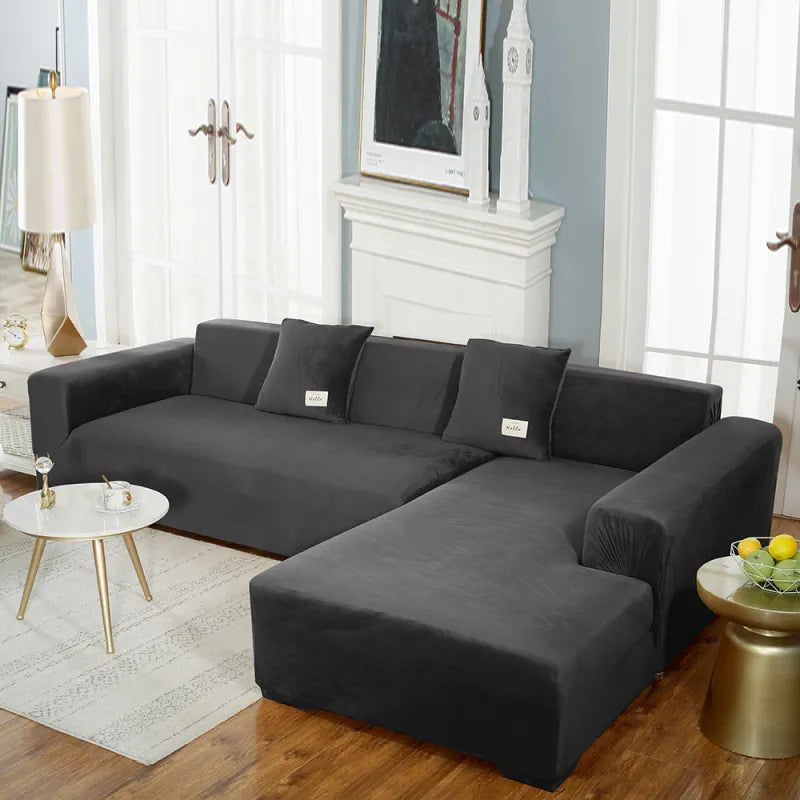 Dark gray stretch velvet L-shaped sectional slipcover with uniform fit